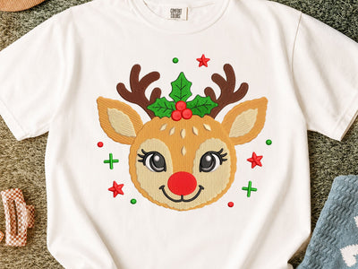 Christmas Reindeer Embroidery Design, Cute Santa Hat Rudolph Machine Embroidery File, Holiday Reindeer Applique, Christmas Embroidery Embroidery/Applique DESIGNS DesignDestine 