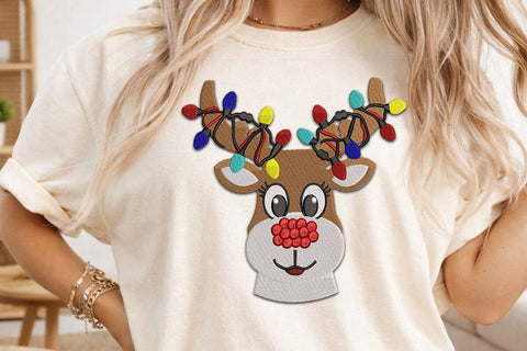 Christmas Reindeer Embroidery Design, Reindeer Antlers with Christmas Lights Machine Embroidery File, Cute Rudolph Applique, Xmas Deer SVG DesignDestine 
