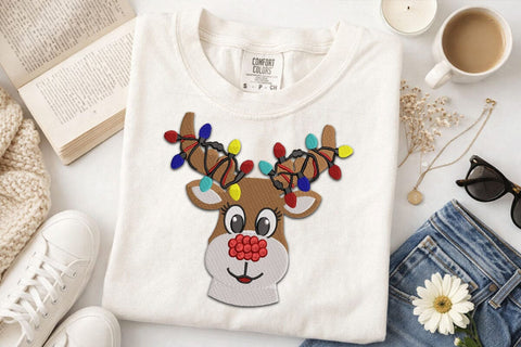 Christmas Reindeer Embroidery Design, Reindeer Antlers with Christmas Lights Machine Embroidery File, Cute Rudolph Applique, Xmas Deer SVG DesignDestine 