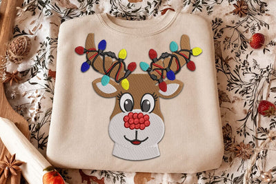 Christmas Reindeer Embroidery Design, Reindeer Antlers with Christmas Lights Machine Embroidery File, Cute Rudolph Applique, Xmas Deer SVG DesignDestine 