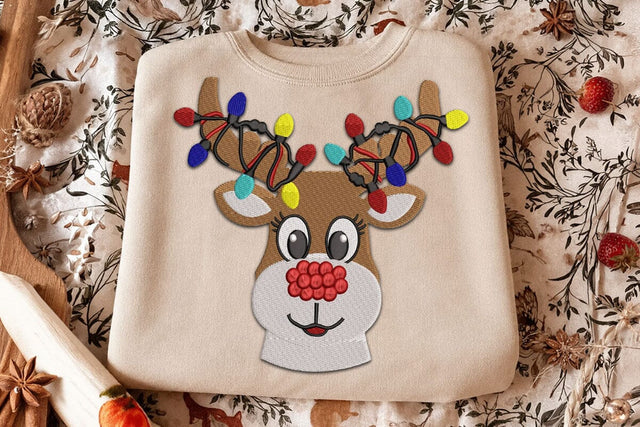 Christmas Reindeer Embroidery Design, Reindeer Antlers with Christmas Lights Machine Embroidery File, Cute Rudolph Applique, Xmas Deer SVG DesignDestine 