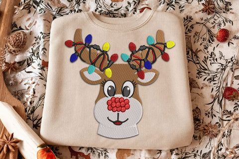 Christmas Reindeer Embroidery Design, Reindeer Antlers with Christmas Lights Machine Embroidery File, Cute Rudolph Applique, Xmas Deer SVG DesignDestine 