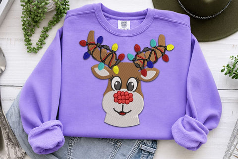 Christmas Reindeer Embroidery Design, Reindeer Antlers with Christmas Lights Machine Embroidery File, Cute Rudolph Applique, Xmas Deer SVG DesignDestine 