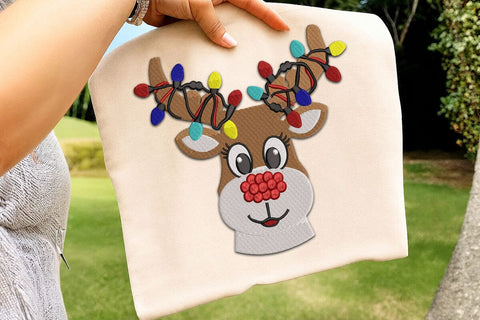 Christmas Reindeer Embroidery Design, Reindeer Antlers with Christmas Lights Machine Embroidery File, Cute Rudolph Applique, Xmas Deer SVG DesignDestine 
