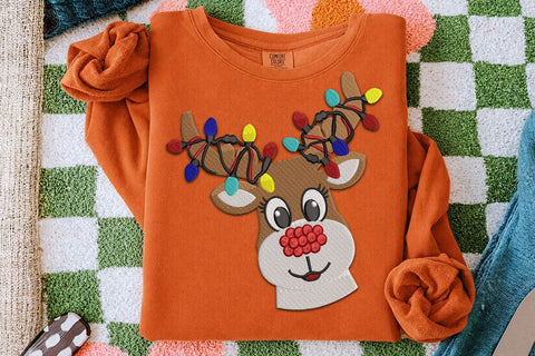 Christmas Reindeer Embroidery Design, Reindeer Antlers with Christmas Lights Machine Embroidery File, Cute Rudolph Applique, Xmas Deer SVG DesignDestine 