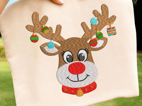 Christmas Reindeer Embroidery Design, Reindeer Antlers with Ornaments Machine Embroidery File, Cute Rudolph Applique, Festive Xmas Deer Embroidery/Applique DESIGNS DesignDestine 