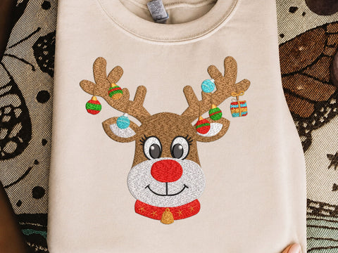 Christmas Reindeer Embroidery Design, Reindeer Antlers with Ornaments Machine Embroidery File, Cute Rudolph Applique, Festive Xmas Deer Embroidery/Applique DESIGNS DesignDestine 