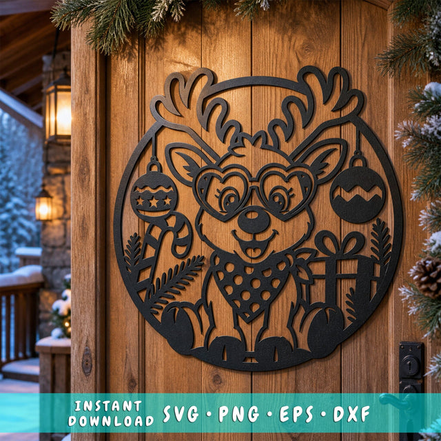 Christmas Reindeer Laser SVG | Cute Reindeer DXF | Reindeer Metal Sign | Christmas Door Hanger | CNC Plasma Cut File | Holiday Decor SVG HappyDesignStudio 