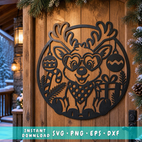 Christmas Reindeer Laser SVG | Cute Reindeer DXF | Reindeer Metal Sign | Christmas Door Hanger | CNC Plasma Cut File | Holiday Decor SVG HappyDesignStudio 