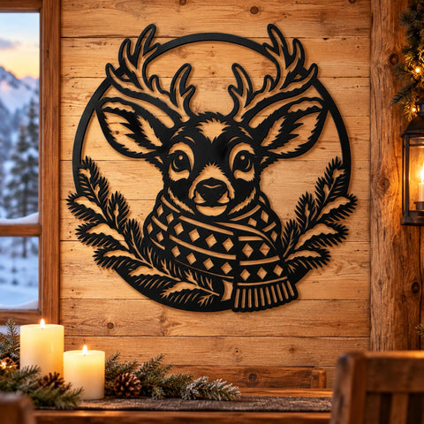 Christmas Reindeer Laser SVG | Deer Head with Scarf DXF | Winter Wildlife Metal Wall Art | Holiday Plasma Cutting File SVG HappyDesignStudio 