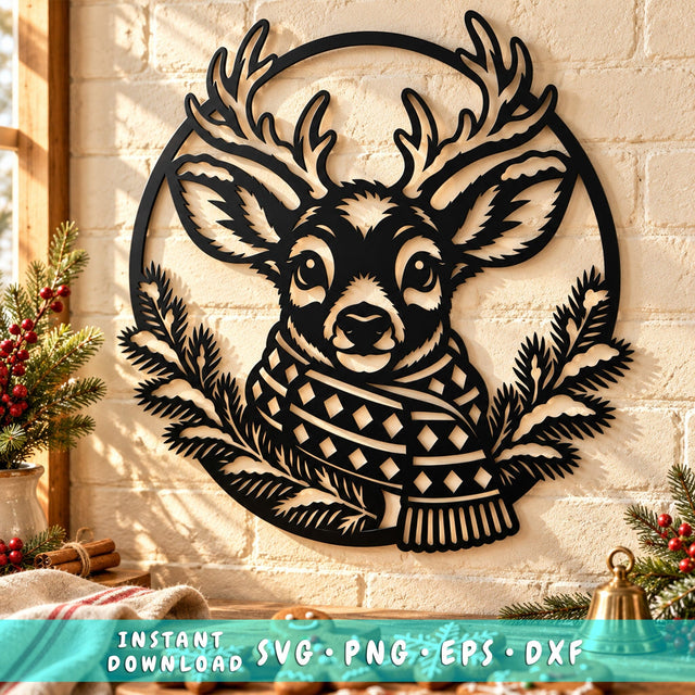 Christmas Reindeer Laser SVG | Deer Head with Scarf DXF | Winter Wildlife Metal Wall Art | Holiday Plasma Cutting File SVG HappyDesignStudio 