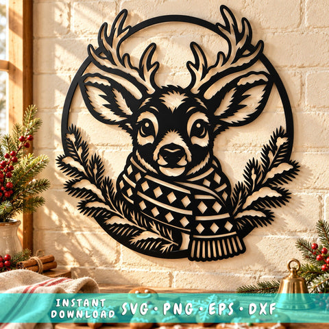 Christmas Reindeer Laser SVG | Deer Head with Scarf DXF | Winter Wildlife Metal Wall Art | Holiday Plasma Cutting File SVG HappyDesignStudio 