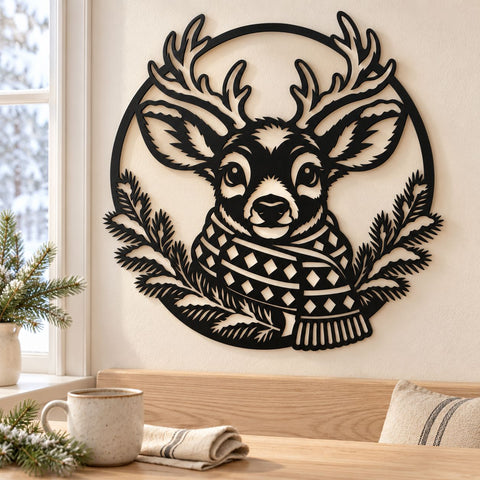 Christmas Reindeer Laser SVG | Deer Head with Scarf DXF | Winter Wildlife Metal Wall Art | Holiday Plasma Cutting File SVG HappyDesignStudio 
