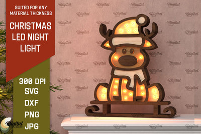 Christmas Reindeer Led Nightlight Laser Cut. 3D Light Box SVG Evgenyia Guschina 