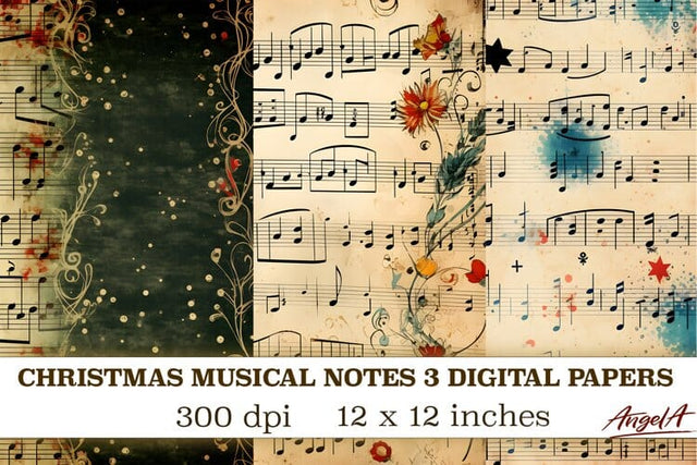 Christmas retro digital papers / musical notes png Digital Pattern Angelina Semenova 
