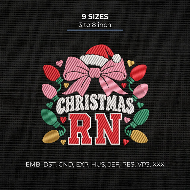 Christmas RN Embroidery Design – Registered Nurse Santa Hat Bow Christmas Lights Machine Embroidery File Embroidery/Applique DESIGNS PatternFeed8 