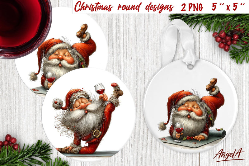 Christmas round coaster Funny Santa yoga Humor adult PNG Sublimation Angelina Semenova 