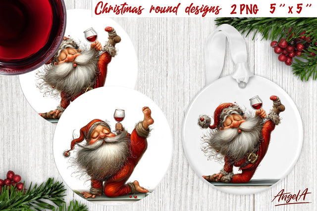 Christmas round coaster Funny Santa yoga Humor adult PNG Sublimation Angelina Semenova 
