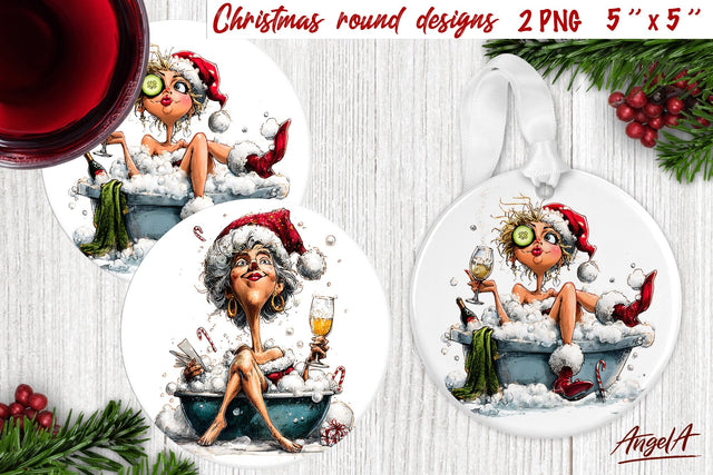 Christmas round coaster Humor adult ornament funny old lady Sublimation Angelina Semenova 