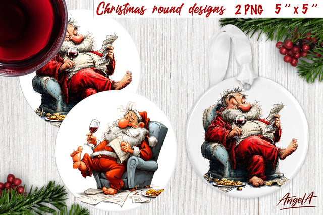 Christmas round coaster Santa drinking wine Humor adult PNG Sublimation Angelina Semenova 