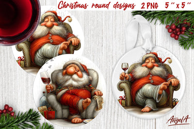 Christmas round coaster Santa drinking wine Humor adult PNG Sublimation Angelina Semenova 