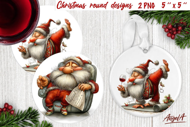 Christmas round coaster Santa drinking wine Humor adult PNG Sublimation Angelina Semenova 