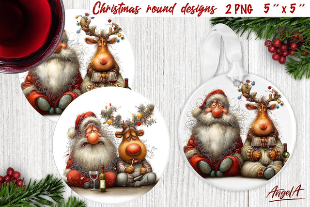 Christmas round coaster Santa reindeer Humor adult ornament Sublimation Angelina Semenova 
