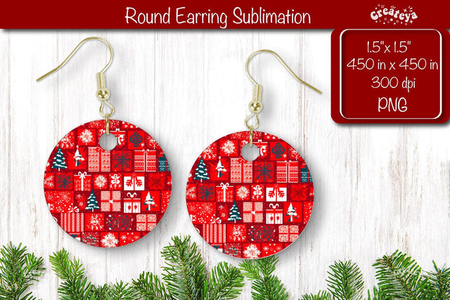 Christmas Round Earring Sublimation Designs with Christmas pattern background Sublimation Createya Design 