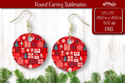 Christmas Round Earring Sublimation Designs with Christmas pattern background Sublimation Createya Design 