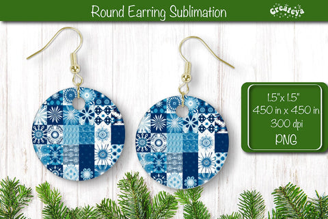 Christmas Round Earring Sublimation Designs with Christmas pattern background Sublimation Createya Design 