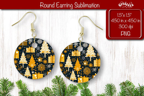 Christmas Round Earring Sublimation Designs with Christmas pattern background Sublimation Createya Design 