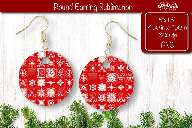 Christmas Round Earring Sublimation Designs with Christmas pattern background Sublimation Createya Design 