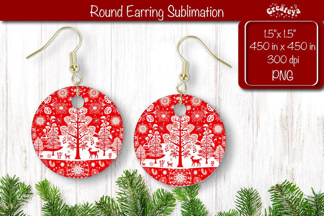 Christmas Round Earring Sublimation Designs with Christmas pattern background Sublimation Createya Design 