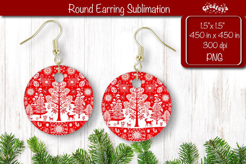Christmas Round Earring Sublimation Designs with Christmas pattern background Sublimation Createya Design 