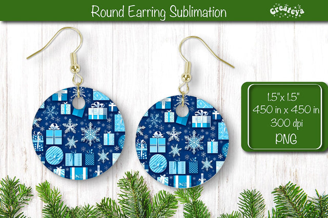 Christmas Round Earring Sublimation Designs with Christmas pattern background Sublimation Createya Design 
