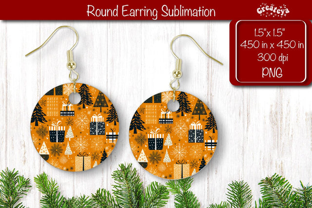 Christmas Round Earring Sublimation Designs with Christmas pattern background Sublimation Createya Design 