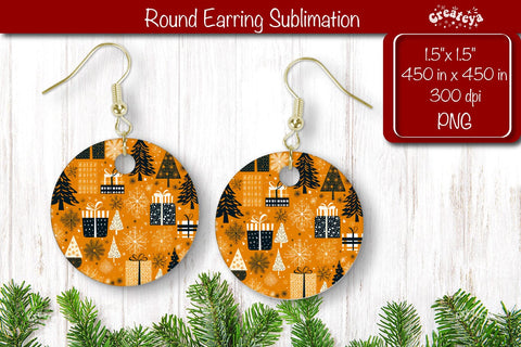 Christmas Round Earring Sublimation Designs with Christmas pattern background Sublimation Createya Design 