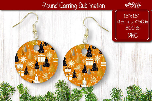 Christmas Round Earring Sublimation Designs with Christmas pattern background Sublimation Createya Design 