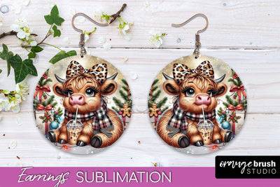 Christmas Round Earrings Sublimation - Highland Cow Earrings Sublimation OrangeBrushStudio 