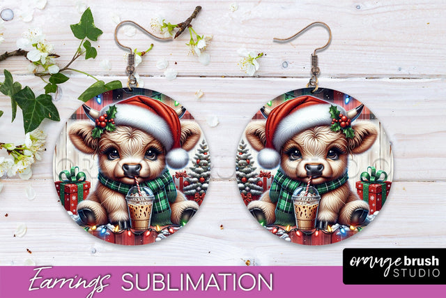 Christmas Round Earrings Sublimation - Highland Cow Earrings Sublimation OrangeBrushStudio 