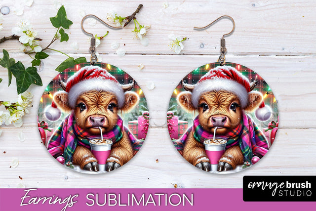 Christmas Round Earrings Sublimation - Highland Cow Earrings Sublimation OrangeBrushStudio 