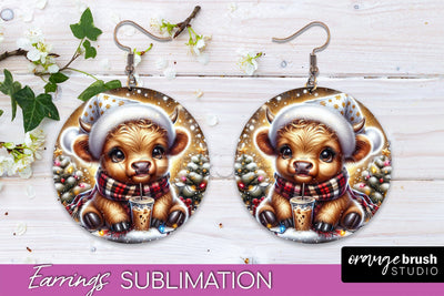 Christmas Round Earrings Sublimation - Highland Cow Earrings Sublimation OrangeBrushStudio 