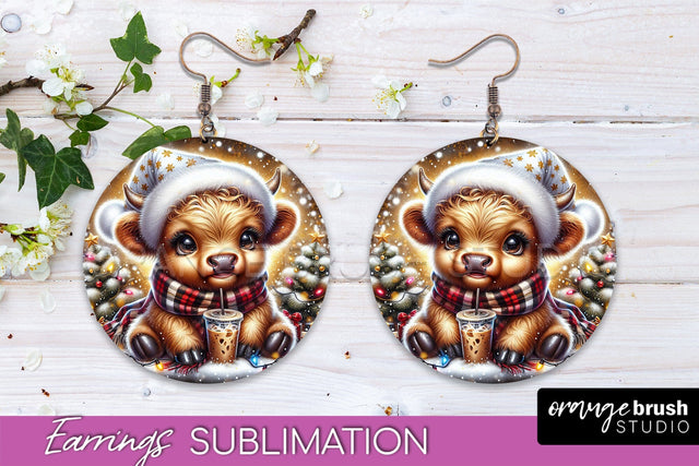 Christmas Round Earrings Sublimation - Highland Cow Earrings Sublimation OrangeBrushStudio 
