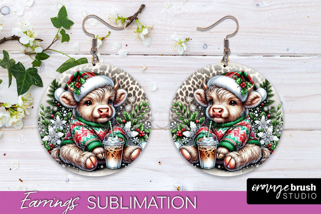 Christmas Round Earrings Sublimation - Highland Cow Earrings Sublimation OrangeBrushStudio 