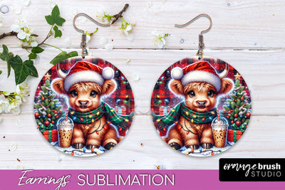Christmas Round Earrings Sublimation - Highland Cow Earrings Sublimation OrangeBrushStudio 
