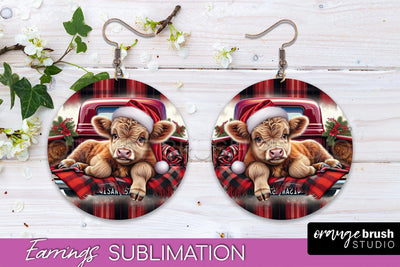 Christmas Round Earrings Sublimation - Highland Cow Earrings Sublimation OrangeBrushStudio 