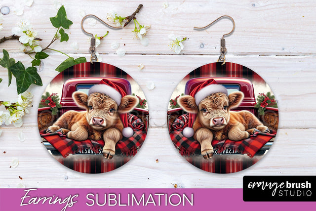 Christmas Round Earrings Sublimation - Highland Cow Earrings Sublimation OrangeBrushStudio 
