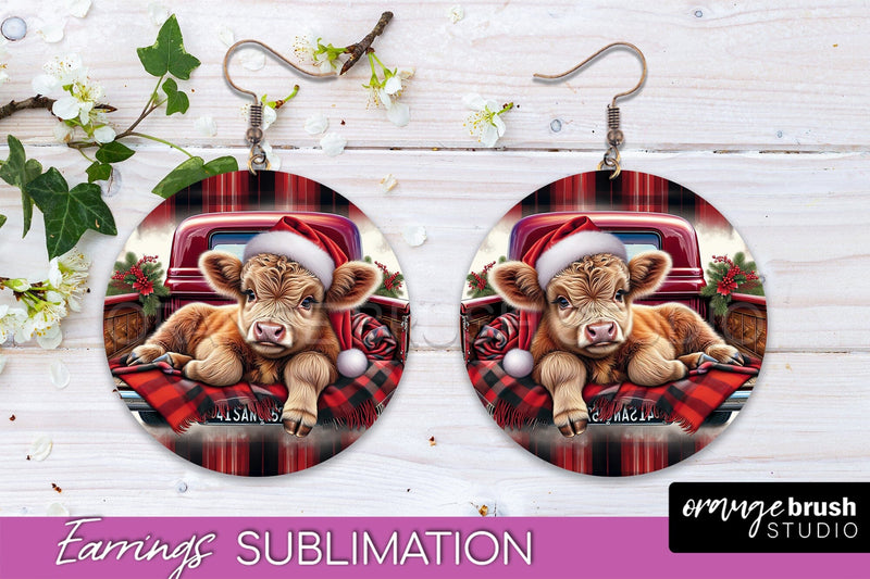 Christmas Round Earrings Sublimation - Highland Cow Earrings Sublimation OrangeBrushStudio 