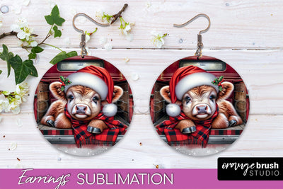 Christmas Round Earrings Sublimation - Highland Cow Earrings Sublimation OrangeBrushStudio 