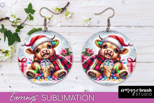 Christmas Round Earrings Sublimation - Highland Cow Earrings Sublimation OrangeBrushStudio 